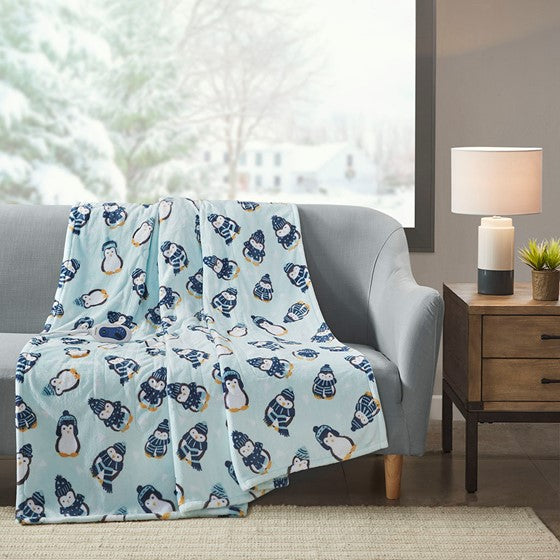 Olliix.com Heated Blankets - Printed Heated Throw Aqua Penguins