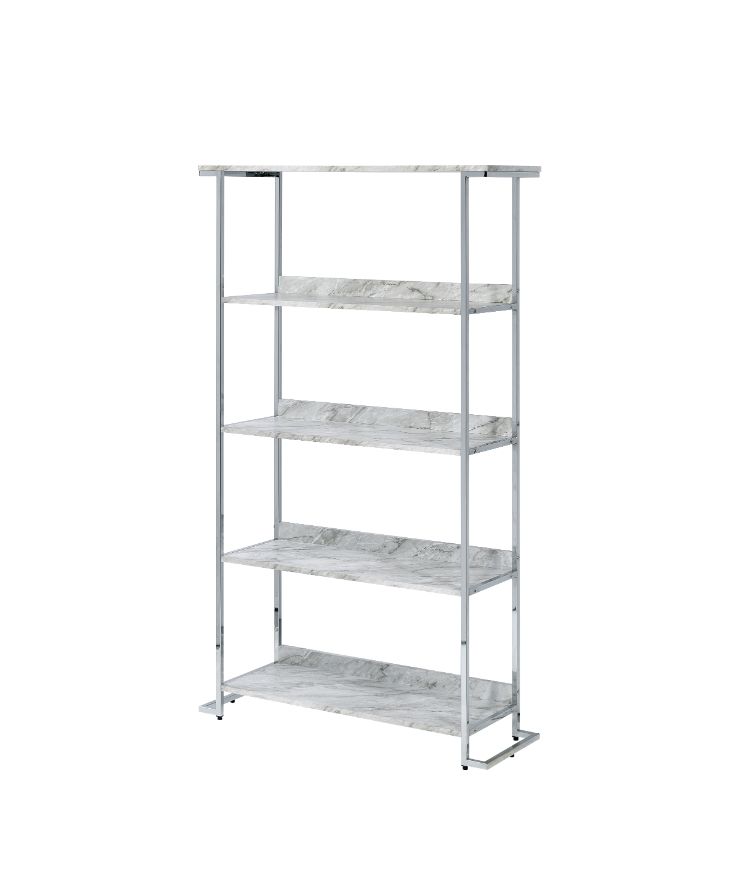ACME Bookcases & Display Units - ACME Visage Bookcase, White Printed Faux Marble & Chrome