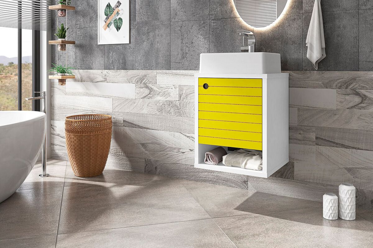 Manhattan Comfort Bathroom Vanity - Liberty Floating 17.71 Bathroom Vanity with Sink and Shelf in White and Yellow