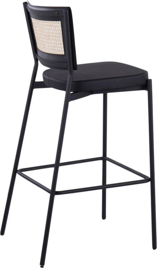 Lumisource Barstools - Rattan Tania Bar Stool In Black Metal, Black Faux Leather, & Rattan Back (Set of 2)