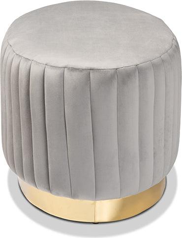 Wholesale Interiors Ottomans & Stools - Kirana Glam and Luxe Grey Velvet Fabric Upholstered and Gold PU Leather Ottoman