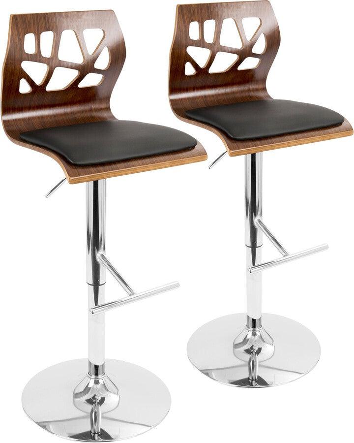 Lumisource Barstools - Folia Adjustable Barstool With Swivel In Chrome, Walnut Wood & Black Faux Leather (Set of 2)