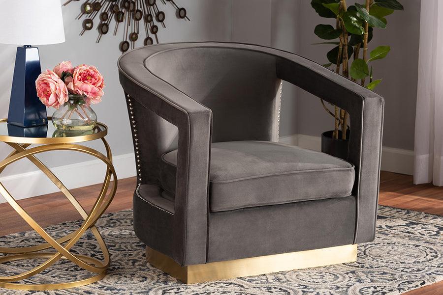 Wholesale Interiors Accent Chairs - Neville Grey Velvet Fabric Upholstered and Gold Finished Metal Armchair