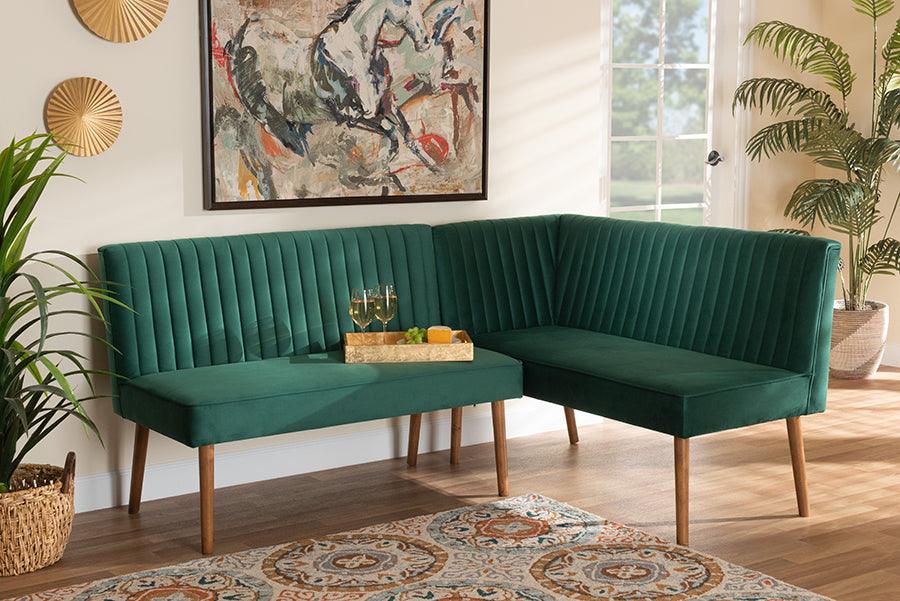 Wholesale Interiors Benches - Alvis Emerald Green Velvet Upholstered and Walnut Brown Wood 2-Piece Dining Nook Banquette Set
