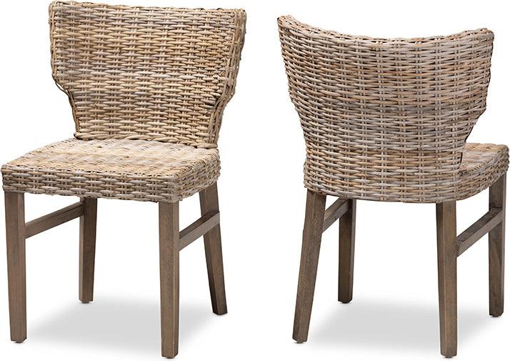 Wholesale Interiors Dining Chairs - Enver Modern Bohemian Grey Rattan and Brown Wood 2-Piece Dining Chair Set