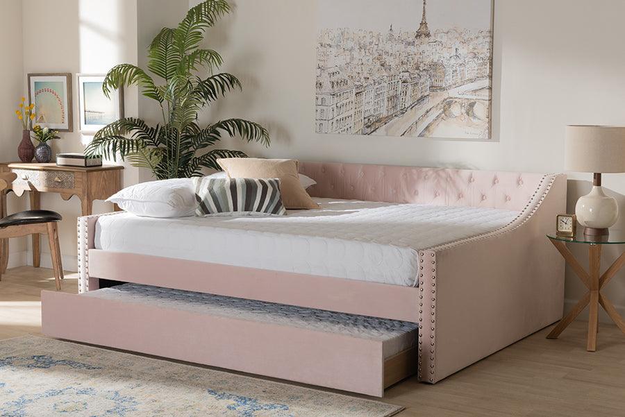 Wholesale Interiors Daybeds - Raphael Pink Velvet Fabric Upholstered Full Size Daybed with Trundle