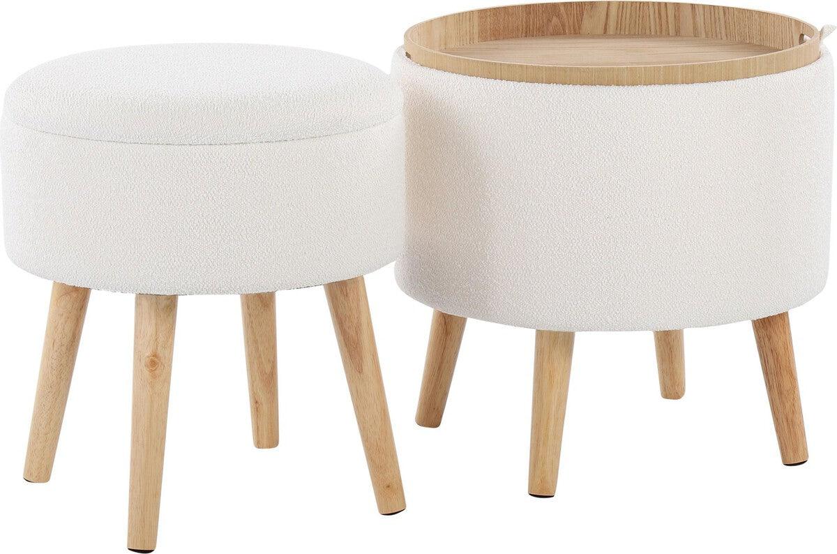 Lumisource Ottomans & Stools - Tray Storage Ottoman With Matching Stool In Textured Cream Fabric & Natural Wood Legs