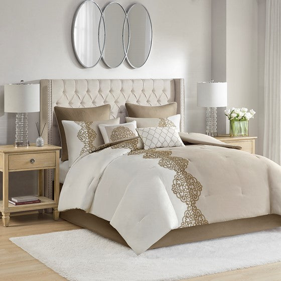 Olliix.com Comforters & Blankets - 8 Piece Embroidered Microfiber Comforter Set Tan Queen