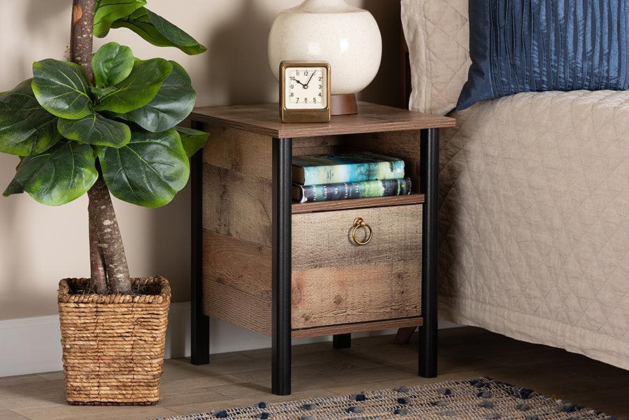 Wholesale Interiors Nightstands & Side Tables - Vaughan Modern and Contemporary Two-Tone Rustic Oak Brown and Black Finished Wood Nightstand