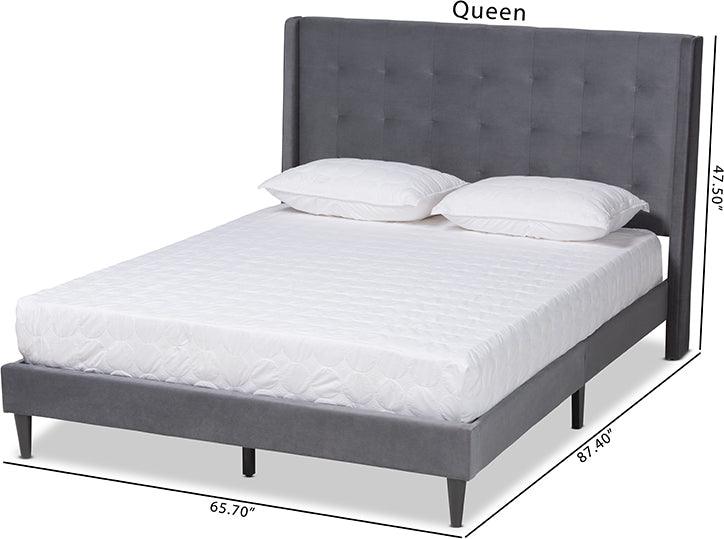 Wholesale Interiors Beds - Gothard Grey Velvet Fabric Upholstered and Dark Brown Finished Wood Queen Size Platform Bed