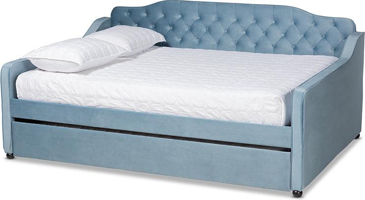 Wholesale Interiors Daybeds - Freda Contemporary Blue Velvet and Button Tufted Queen Size Daybed with Trundle