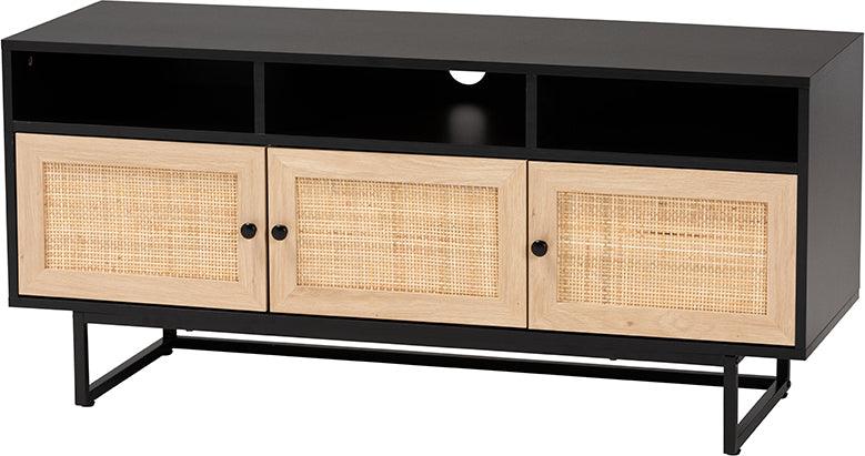 Wholesale Interiors TV & Media Units - Declan Mid-Century Modern Espresso Brown Finished Wood and Natural Rattan 3-Door TV Stand