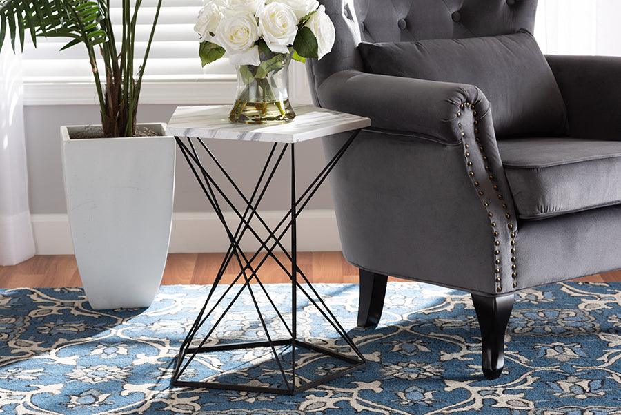 Wholesale Interiors Side & End Tables - Oberon Modern and Contemporary Black Metal End Table with Faux Marble Tabletop