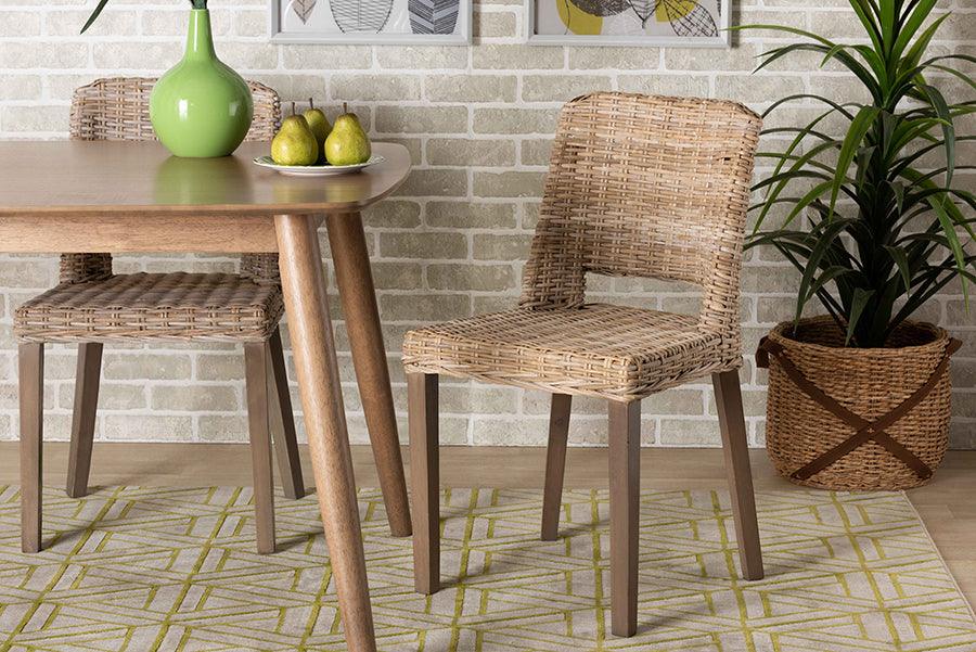 Wholesale Interiors Dining Chairs - Magy Modern Bohemian Grey Rattan and Natural Brown Wood 2-Piece Dining Chair Set