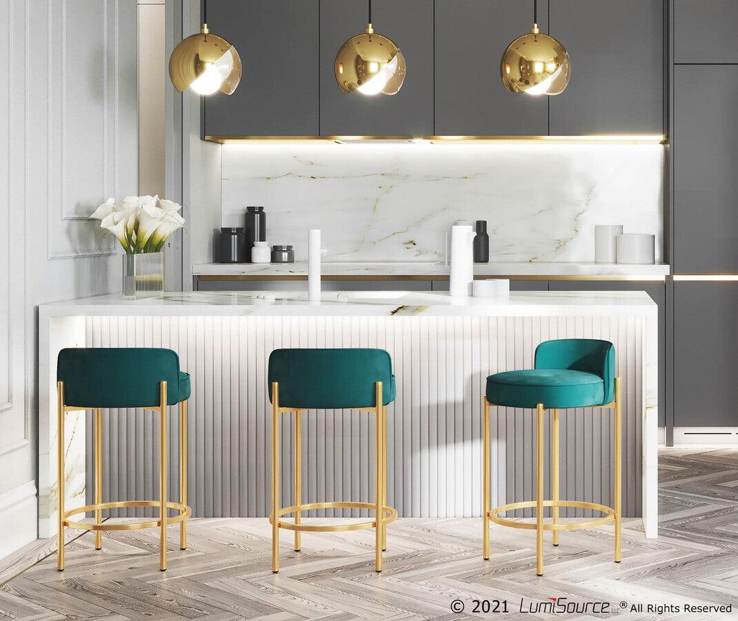 Lumisource Barstools - Chloe Contemporary Counter Stool in Gold Metal and Green Velvet - Set of 2