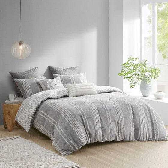 Olliix.com Comforters & Blankets - 3 Piece Cotton Jacquard Comforter Set Gray Full/Queen