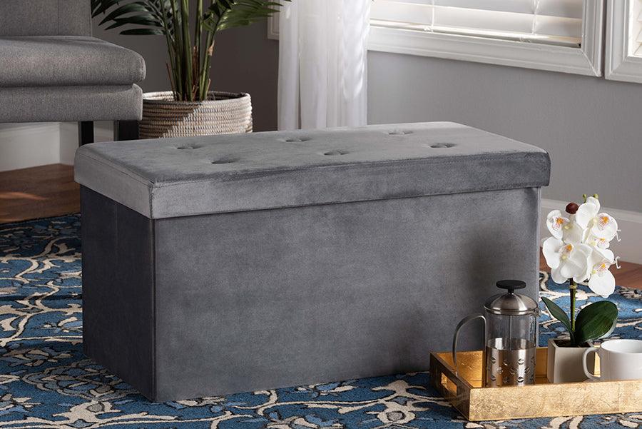 Wholesale Interiors Ottomans & Stools - Castel Modern and Contemporary Charcoal Velvet Wood Storage Ottoman