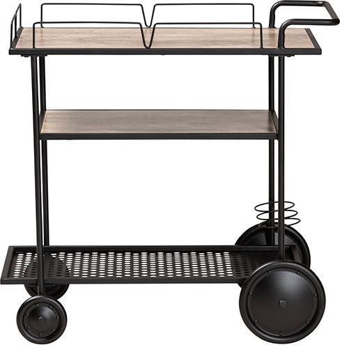 Wholesale Interiors Bar Units & Wine Cabinets - Huntley Modern Industrial Walnut Brown Finished Wood and Black Metal Mobile Wine Cart