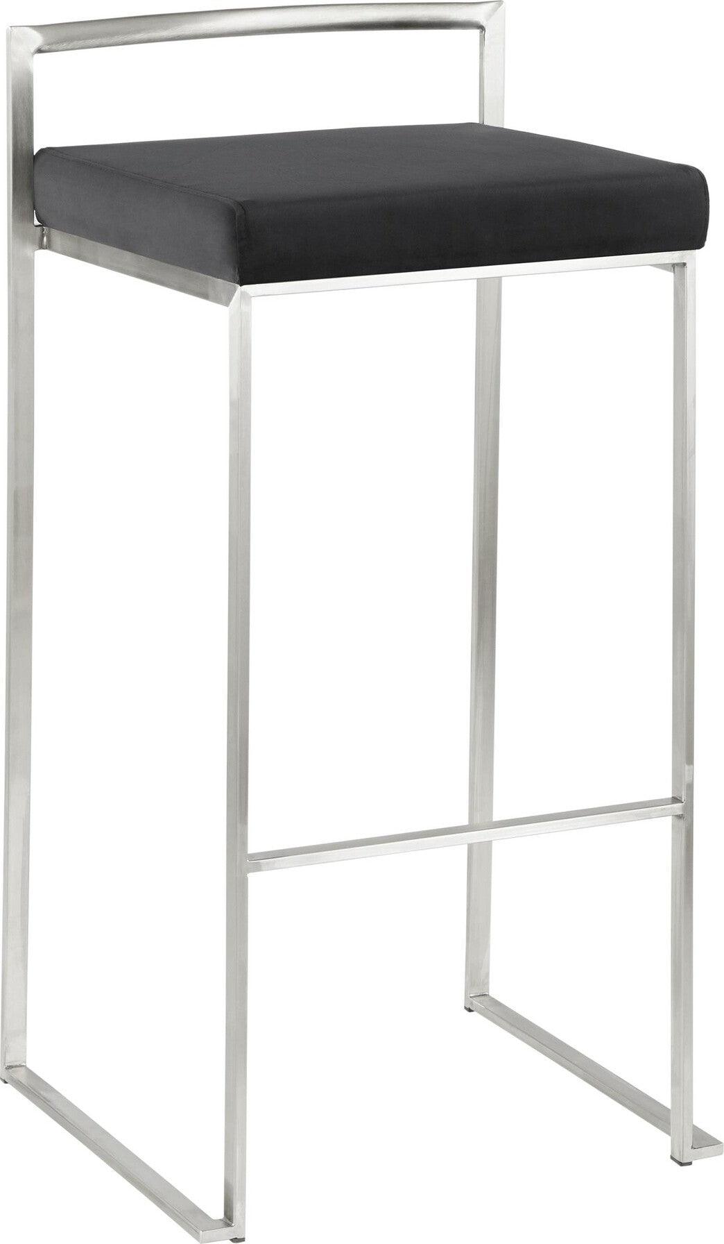 Lumisource Barstools - Fuji Contemporary Stackable Barstool in Stainless Steel with Black Velvet Cushion (Set of 2)