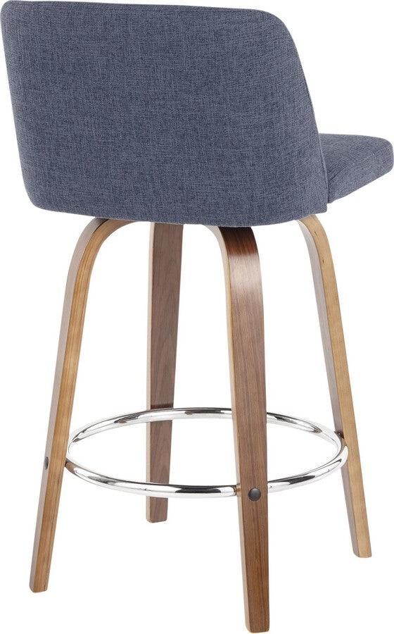 Lumisource Barstools - Toriano Mid-Century Counter Stool Walnut and Blue Fabric - Set of 2