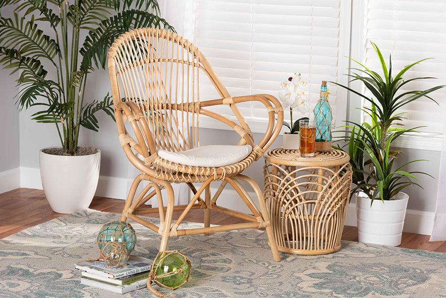 Wholesale Interiors Accent Chairs - Jayden Modern Bohemian White Fabric Upholstered and Natural Brown Finished Rattan Accent Chair