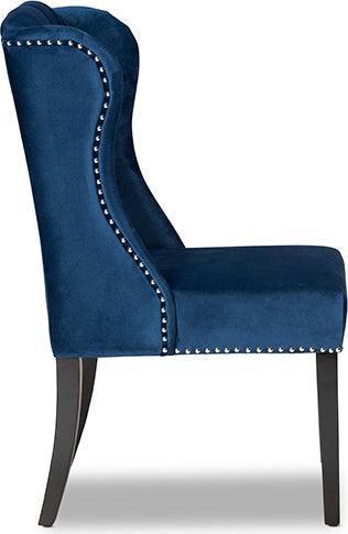 Wholesale Interiors Dining Chairs - Lamont Navy Blue Velvet Fabric Upholstered and Dark Brown Finished Wood Wingback Dining Chair