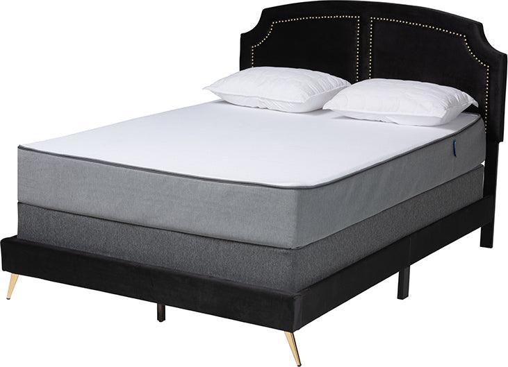 Wholesale Interiors Beds - Oxley Traditional Glam and Luxe Black Velvet and Gold Metal Queen Size Panel Bed