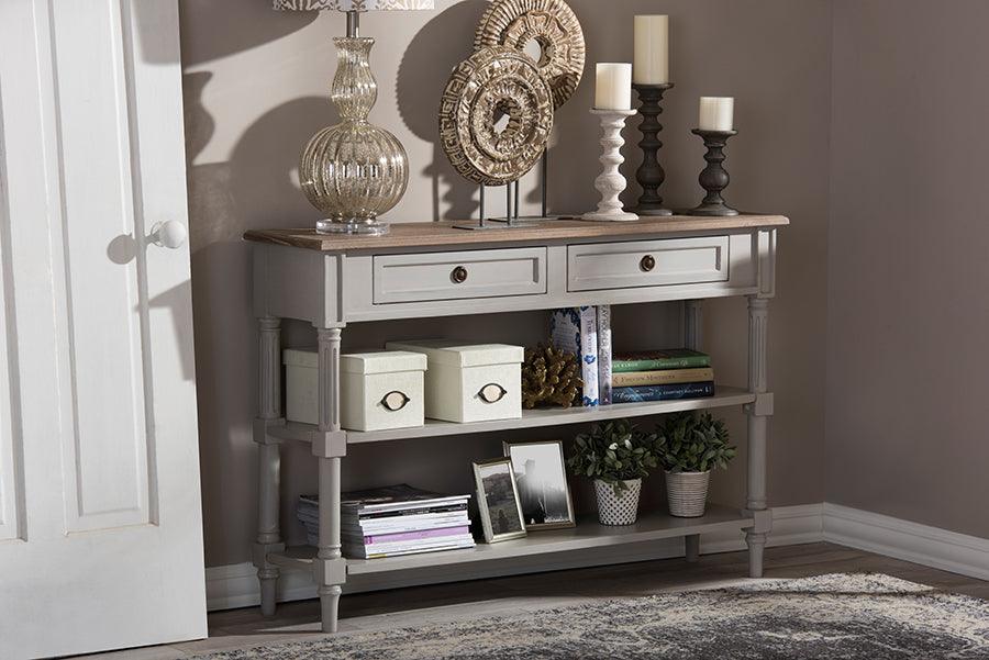 Wholesale Interiors Consoles - Edouard French Provincial Style White Wash Distressed Wood and Grey Two-tone 2-drawer Console