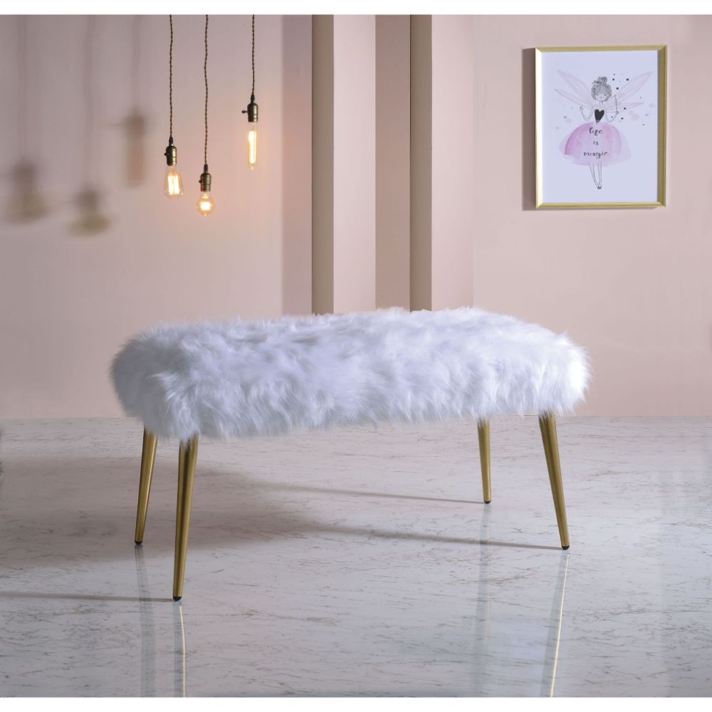 ACME Benches - ACME Bagley II Bench, White Faux Fur & Gold