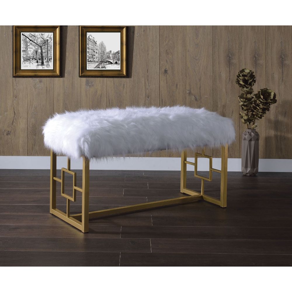 ACME Benches - ACME Bagley II Bench, White Faux Fur & Gold