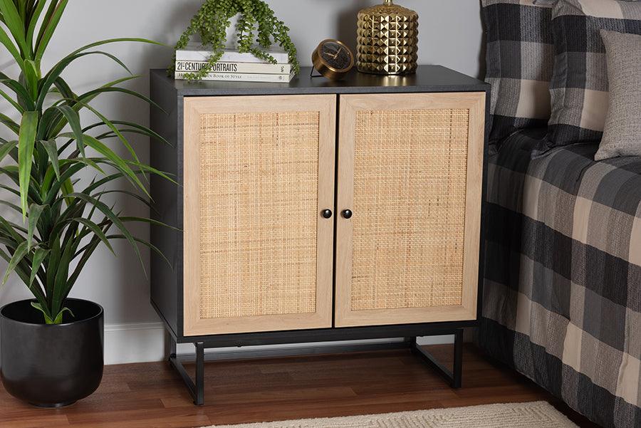 Wholesale Interiors Buffets & Cabinets - Declan Mid-Century Modern Espresso Brown Finished Wood and Natural Rattan 2-Door Storage Cabinet