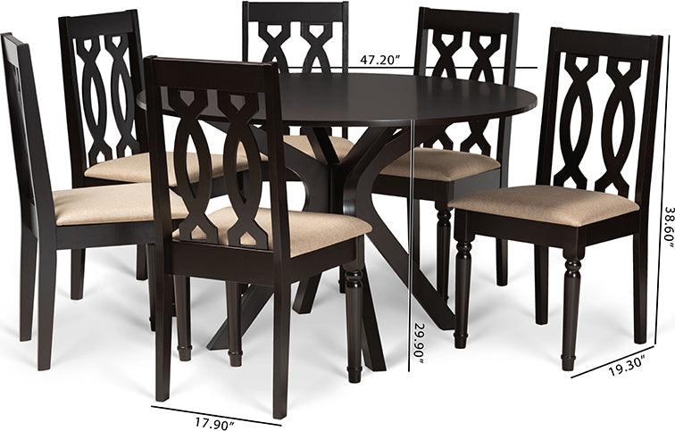 Wholesale Interiors Dining Sets - Callie Sand Fabric Upholstered and Dark Brown Finished Wood 7-Piece Dining Set