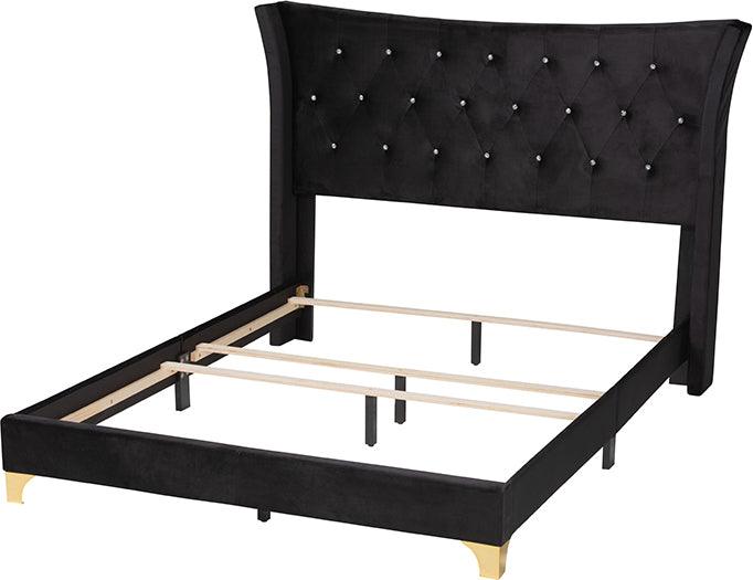 Wholesale Interiors Beds - Easton Contemporary Glam and Luxe Black Velvet and Gold Metal Queen Size Panel Bed