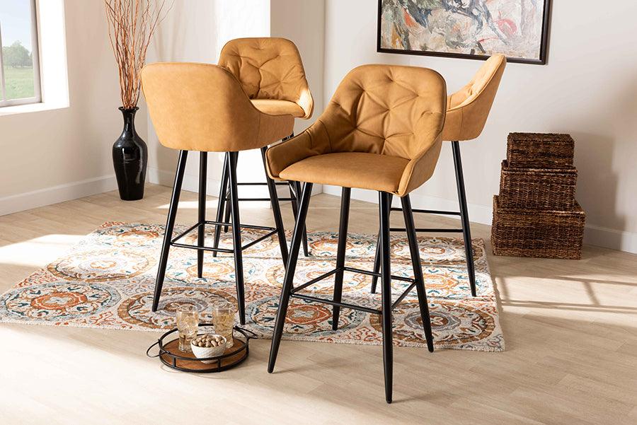 Wholesale Interiors Barstools - Catherine Modern and Tan Faux Leather Upholstered and Black Metal 4-Piece Bar Stool Set