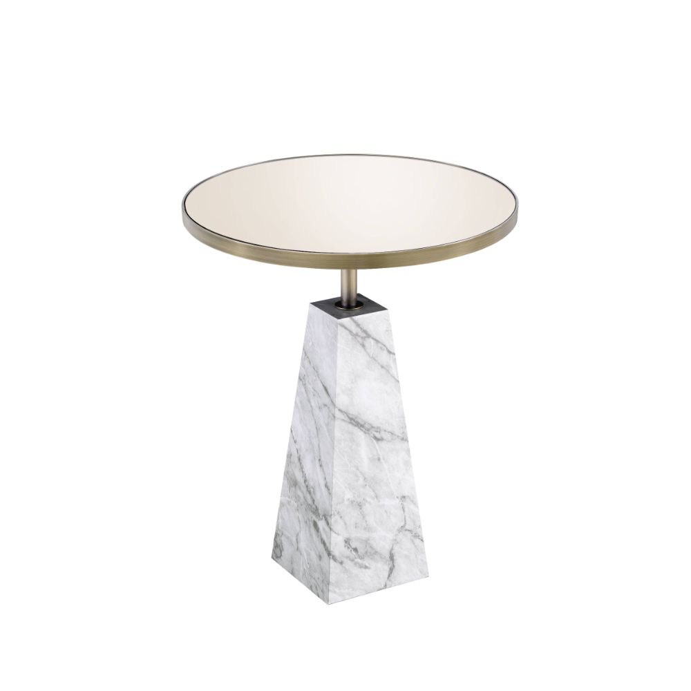 ACME Side & End Tables - ACME Galilahi Side Table, Mirrored, Faux Marble & Antique Gold