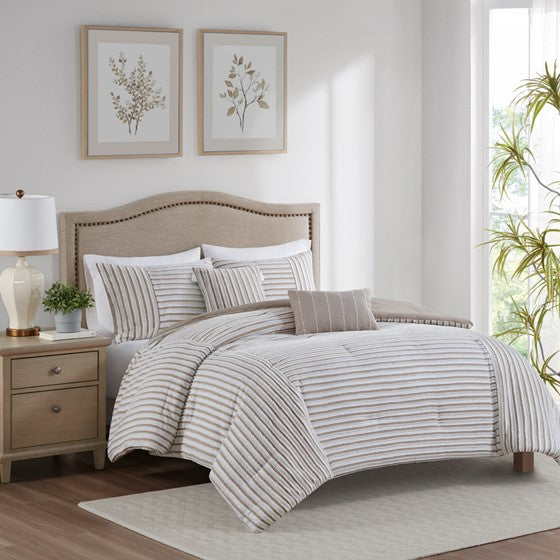 Olliix.com Comforters & Blankets - 5 Piece Clipped Jacquard Comforter Set with Throw Pillows Natural Full/Queen