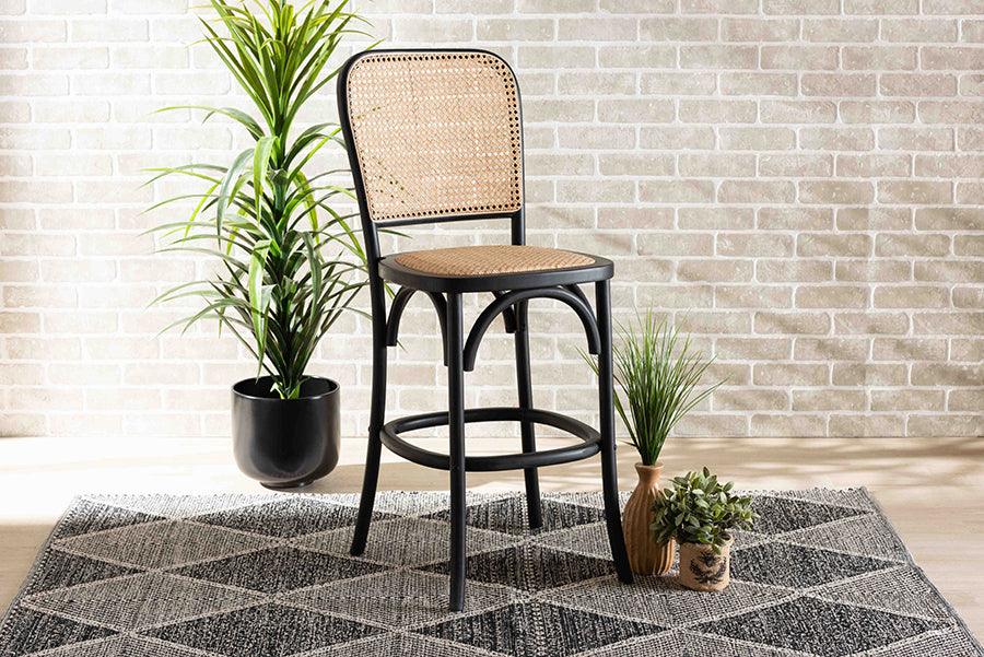 Wholesale Interiors Barstools - Vance Mid-Century Modern Brown Woven Rattan and Black Wood Cane Counter Stool