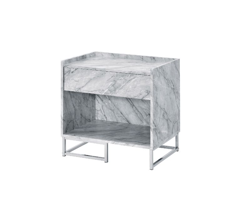 ACME Side & End Tables - ACME Azrael Accent Table, White Printed Faux Marble & Chrome Finish