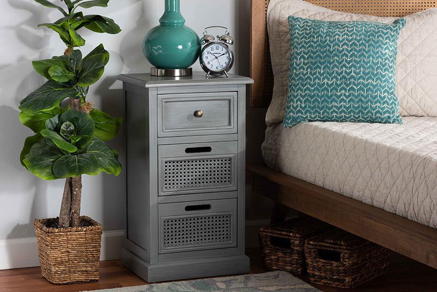 Wholesale Interiors Side & End Tables - Sheldon Vintage Grey Finished Wood and Synthetic Rattan 3-Drawer End Table