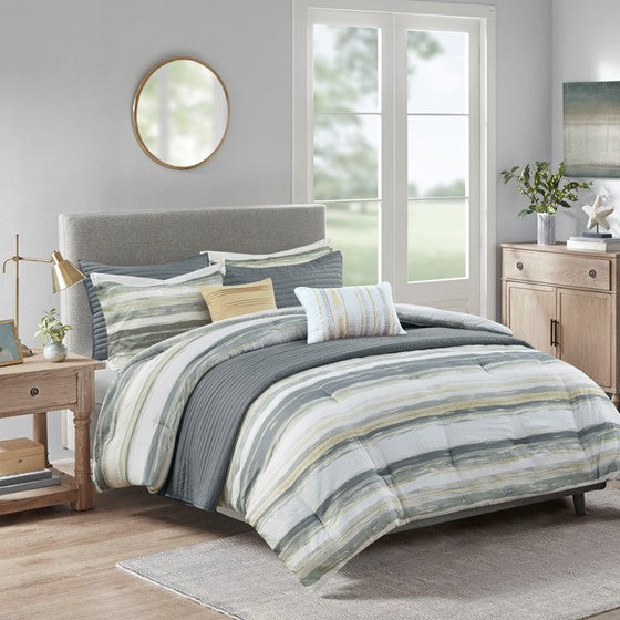 Olliix.com Comforters & Blankets - 8 Piece Printed Seersucker Comforter and Quilt Set Collection Yellow Full/Queen