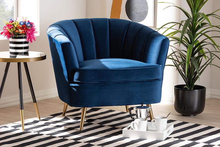 Wholesale Interiors Accent Chairs - Emeline Glam and Luxe Blue Velvet Brushed Gold Accent Chair