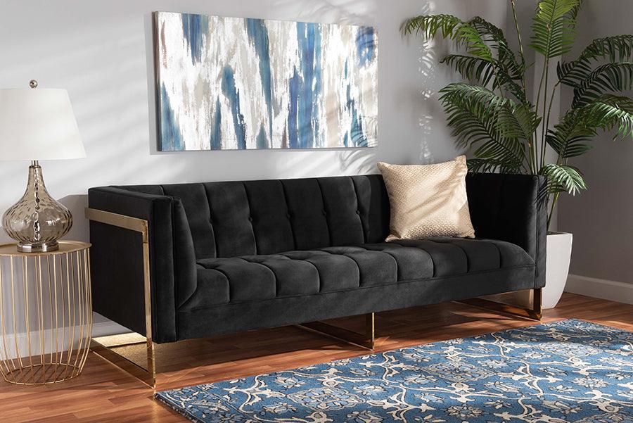 Wholesale Interiors Sofas & Couches - Ambra Glam and Luxe Black Velvet Upholstered and Button Tufted Sofa with Gold-Tone Frame