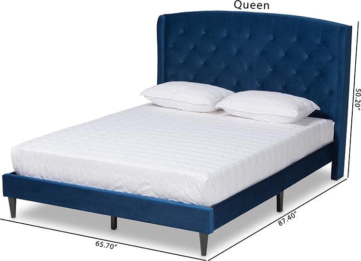 Wholesale Interiors Beds - Joanna Navy Blue Velvet Fabric Upholstered and Dark Brown Finished Wood King Size Platform Bed