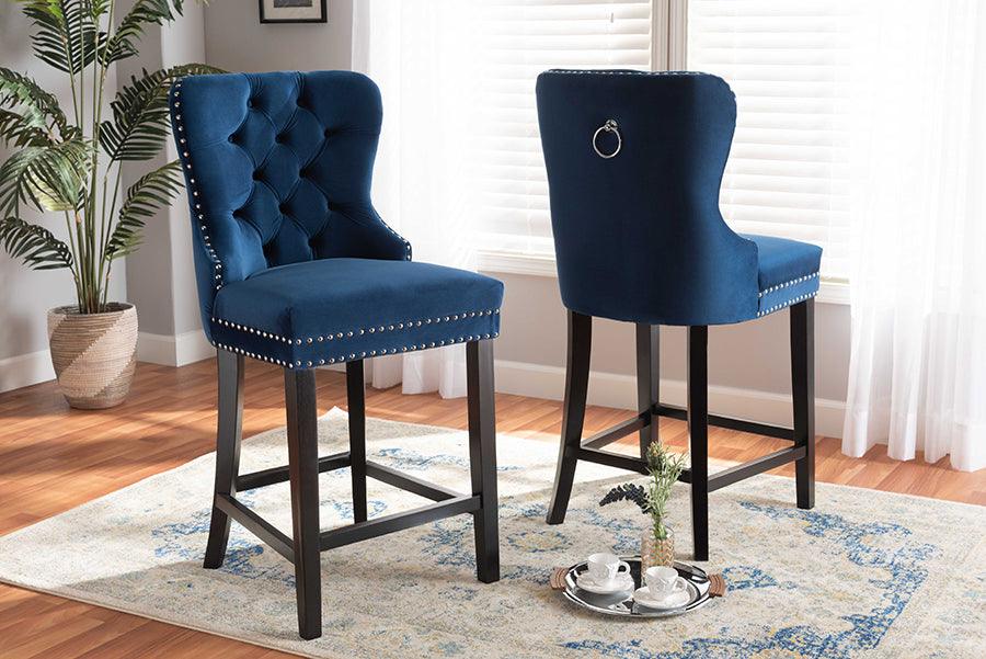 Wholesale Interiors Barstools - Howell Navy Blue Velvet Upholstered and Dark Brown Finished Wood 2-Piece Counter Stool Set