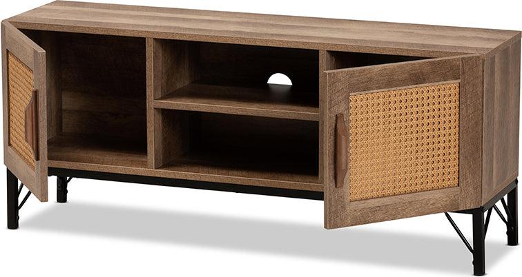 Wholesale Interiors TV & Media Units - Veanna Bohemian Brown Wood and Black Metal 2-Door TV Stand with Synthetic Rattan