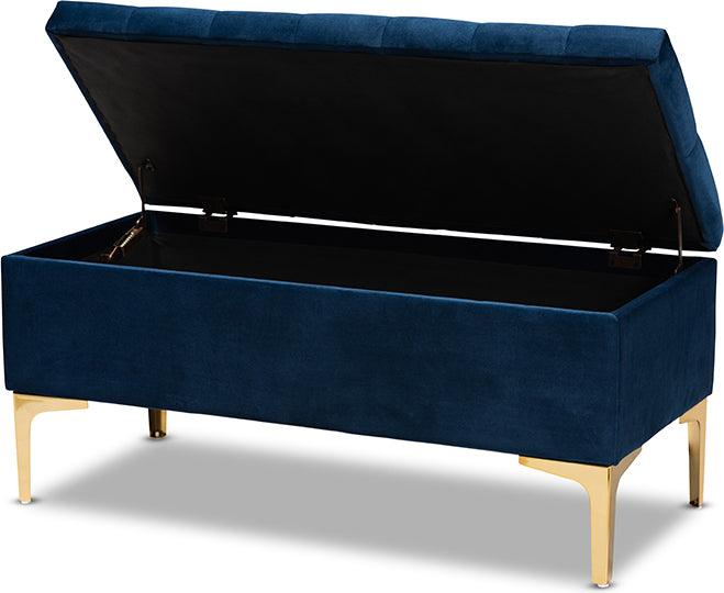 Wholesale Interiors Ottomans & Stools - Valere Navy Blue Velvet Fabric Upholstered Gold Finished Button Tufted Storage Ottoman