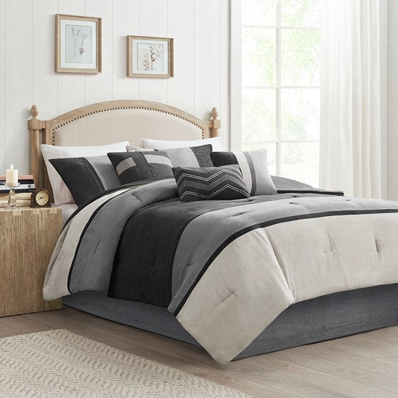 Olliix.com Comforters & Blankets - 7 Piece Faux Suede Comforter Set Black Cal King
