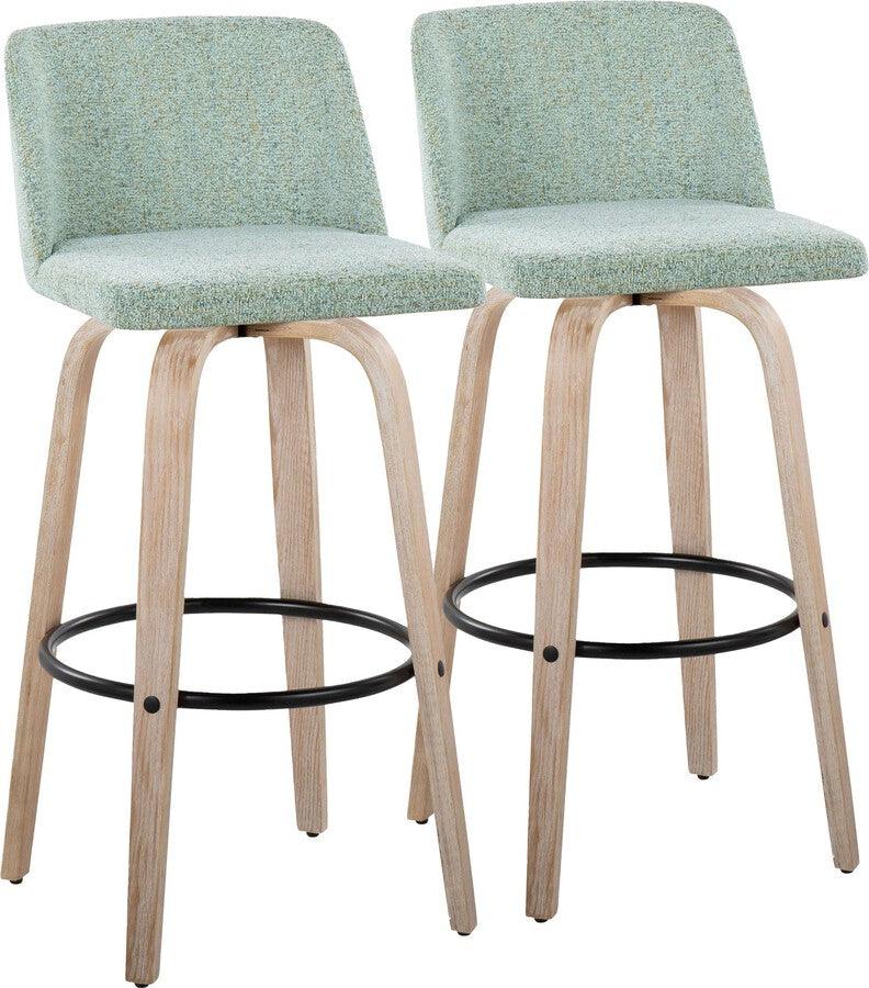 Lumisource Barstools - Toriano 30" Fixed Height Barstool With Swivel In White-Washed Wood & Light Green Fabric (Set of 2)