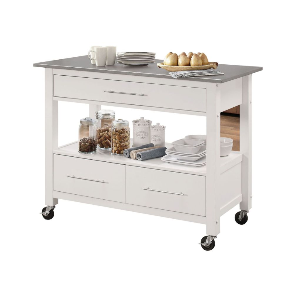 ACME Kitchen & Bar Carts - ACME Ottawa Kitchen Cart, Stainless Steel & White