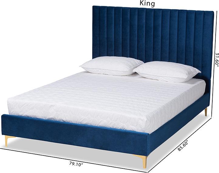 Wholesale Interiors Beds - Serrano Glam and Luxe Navy Blue Velvet Fabric Upholstered and Gold Metal King Size Platform Bed